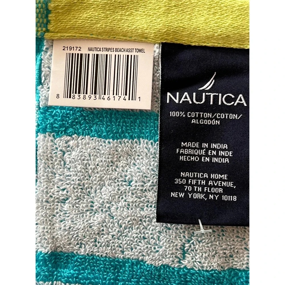 Nautica‎ Beach Towel Teal White Striped 100% Cotton Brand New NWT Nautical